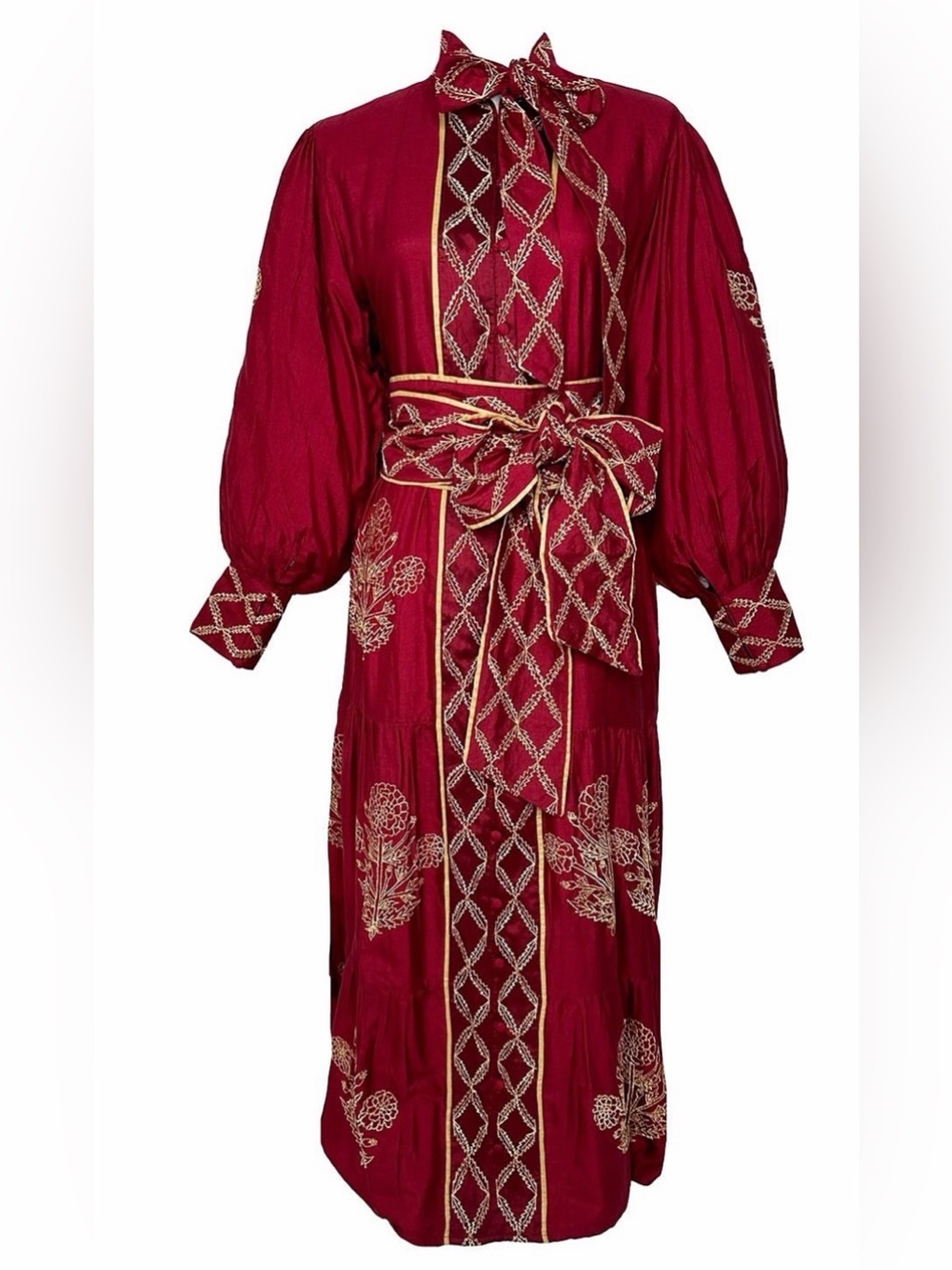 New Sue Sartor Elysee Dress. Burgundy and Gold size L